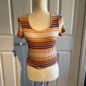 American Eagle Shirt Womens Size Small Yellow Orange Purple Striped Ribbed Top